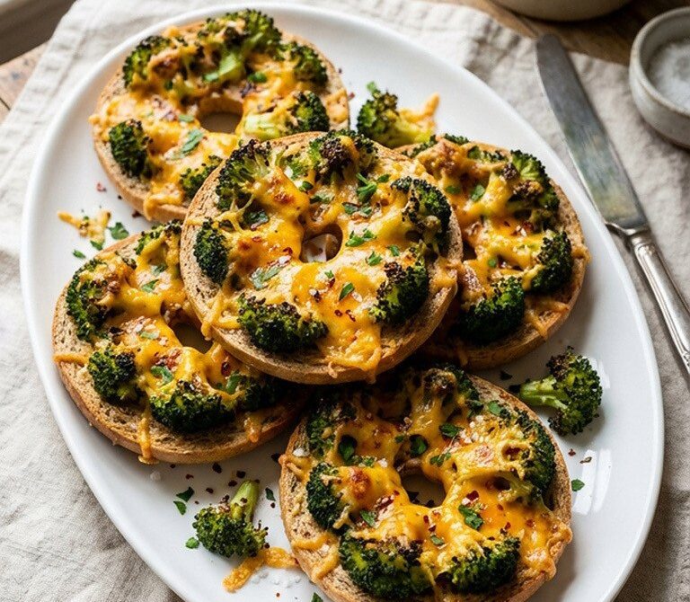 Roasted Broccoli and Cheddar Bagel Melt