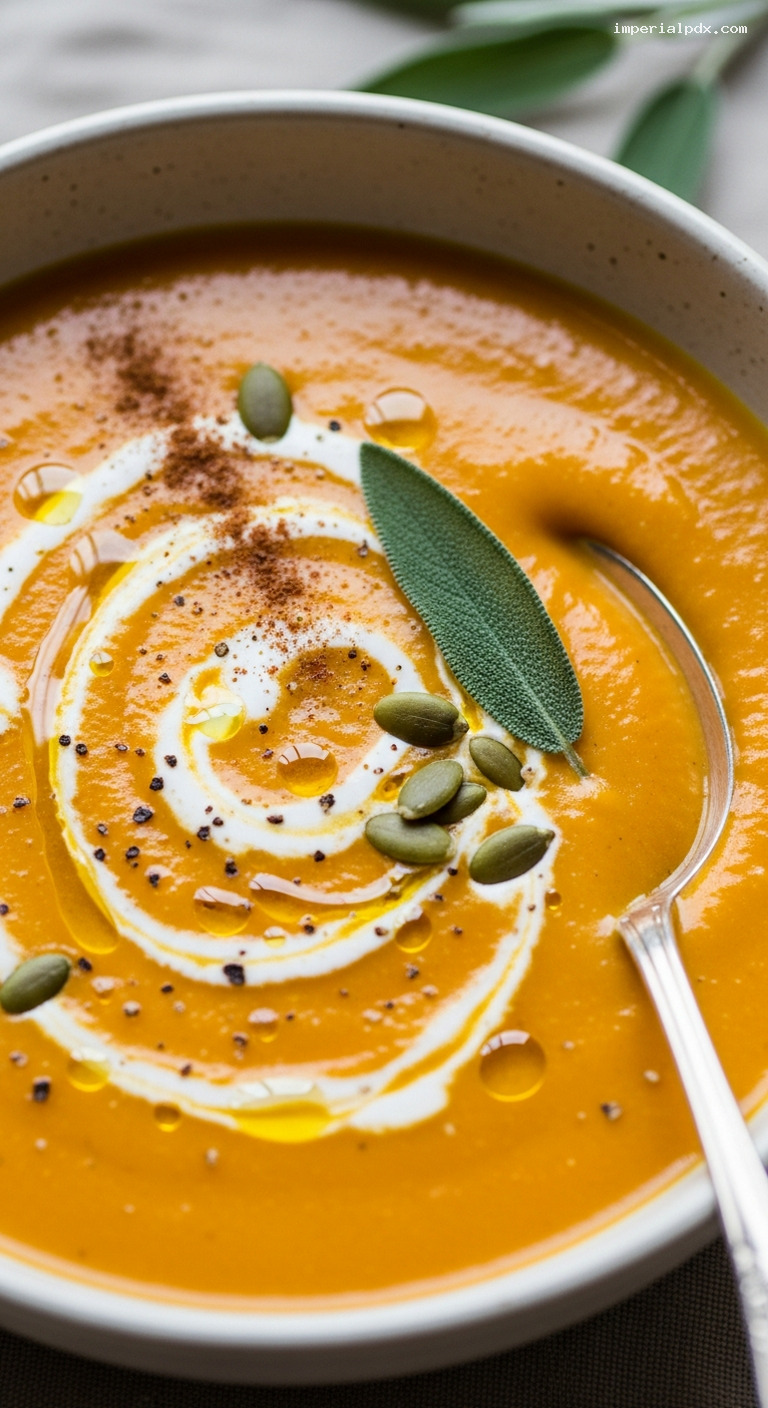 Roasted Butternut Squash and Apple Soup with Sage – Closeup