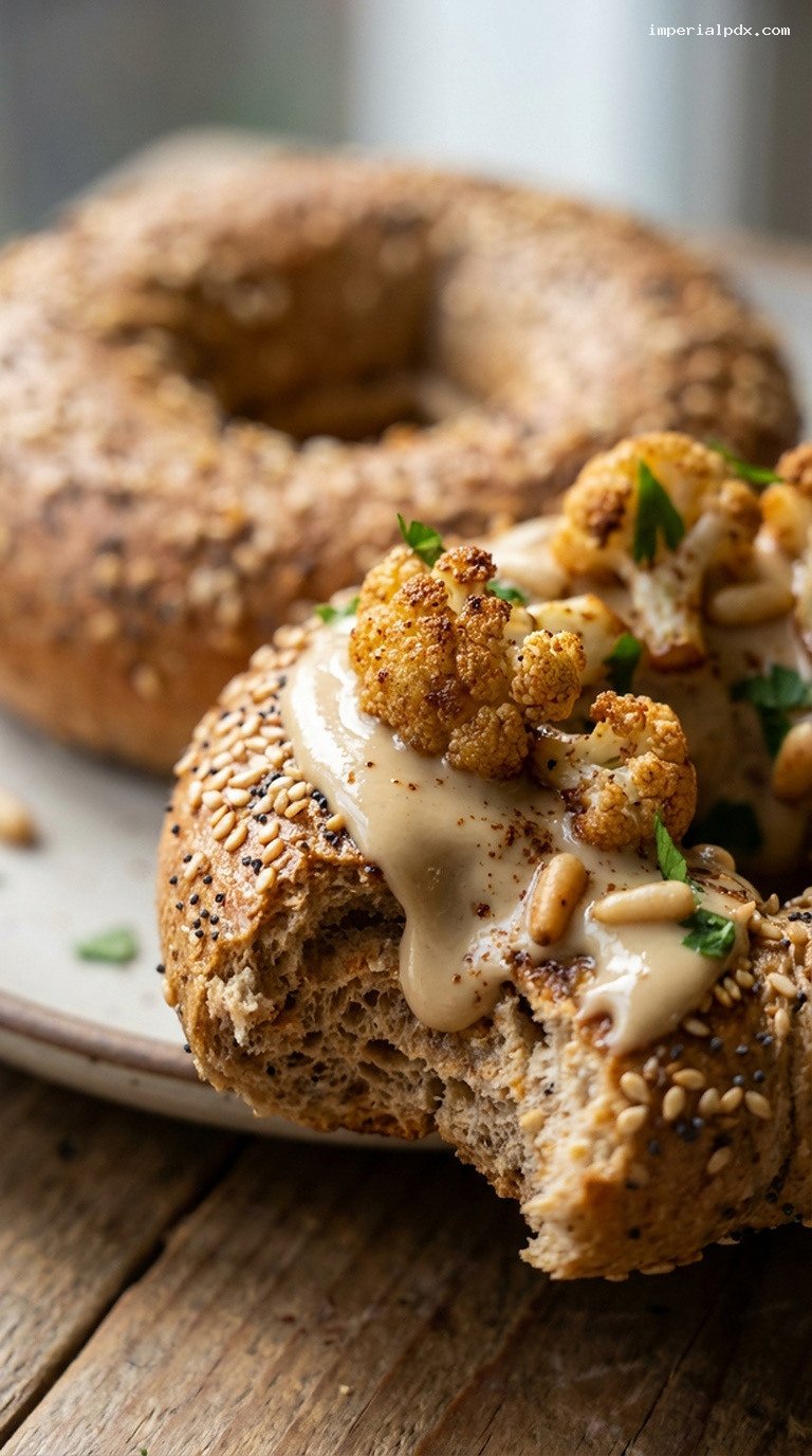 Roasted Cauliflower Tahini Bagels With Pine Nuts – Closeup
