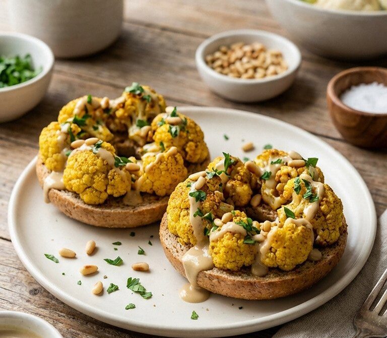 Roasted Cauliflower Tahini Bagels With Pine Nuts