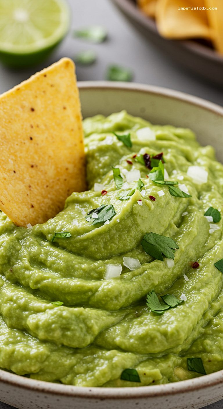 Roasted Jalapeño Guacamole with Warm Tortilla Chips – Closeup