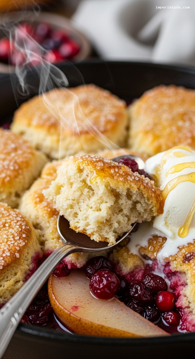 Roasted Pear and Cranberry Cobbler with Vanilla Ice Cream – Closeup