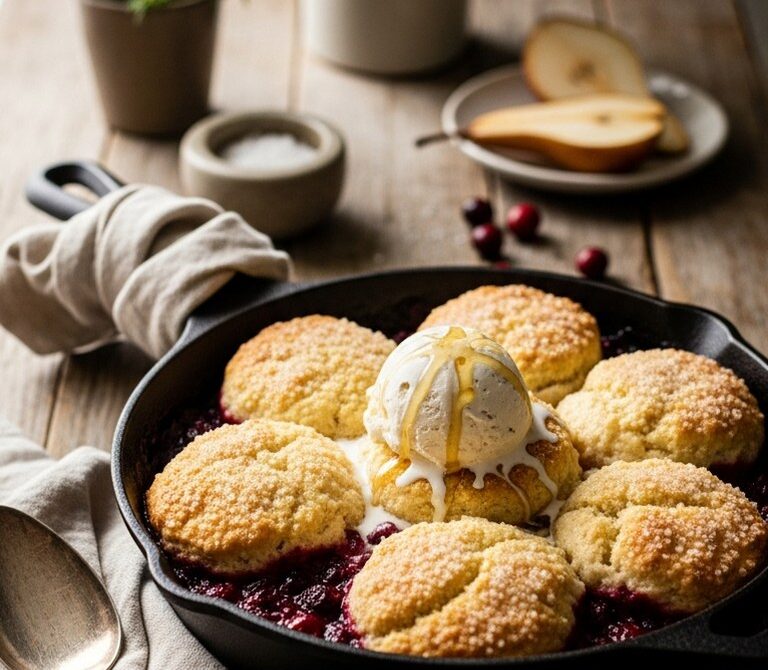 Roasted Pear and Cranberry Cobbler with Vanilla Ice Cream