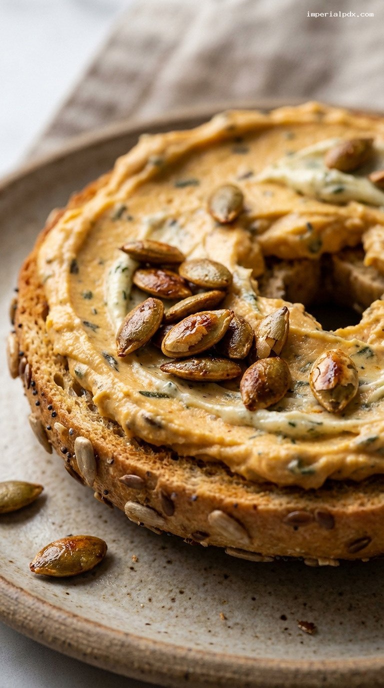 Roasted Pumpkin and Sage Cream Cheese Bagels with Pepitas – Closeup