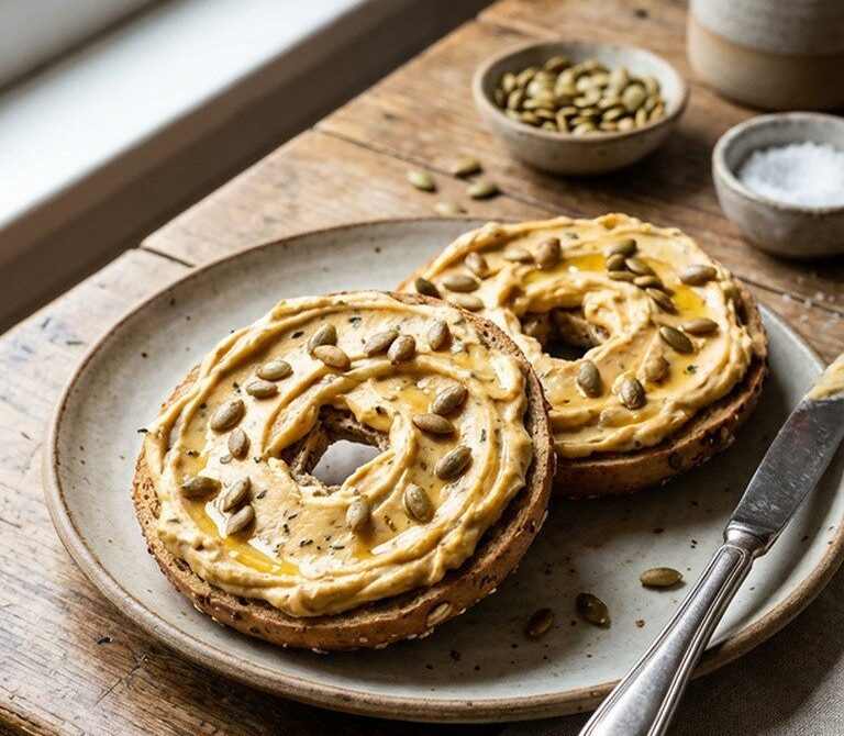 Roasted Pumpkin and Sage Cream Cheese Bagels with Pepitas