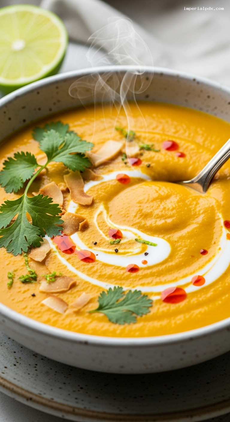 Roasted Sweet Potato Coconut Curry Soup – Closeup
