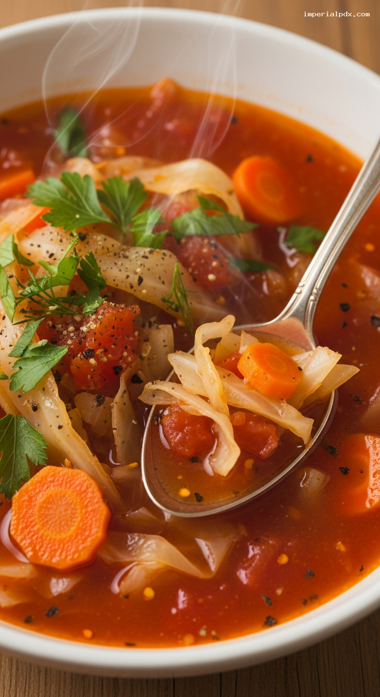Rustic Cabbage and Tomato Soup with Paprika – Closeup