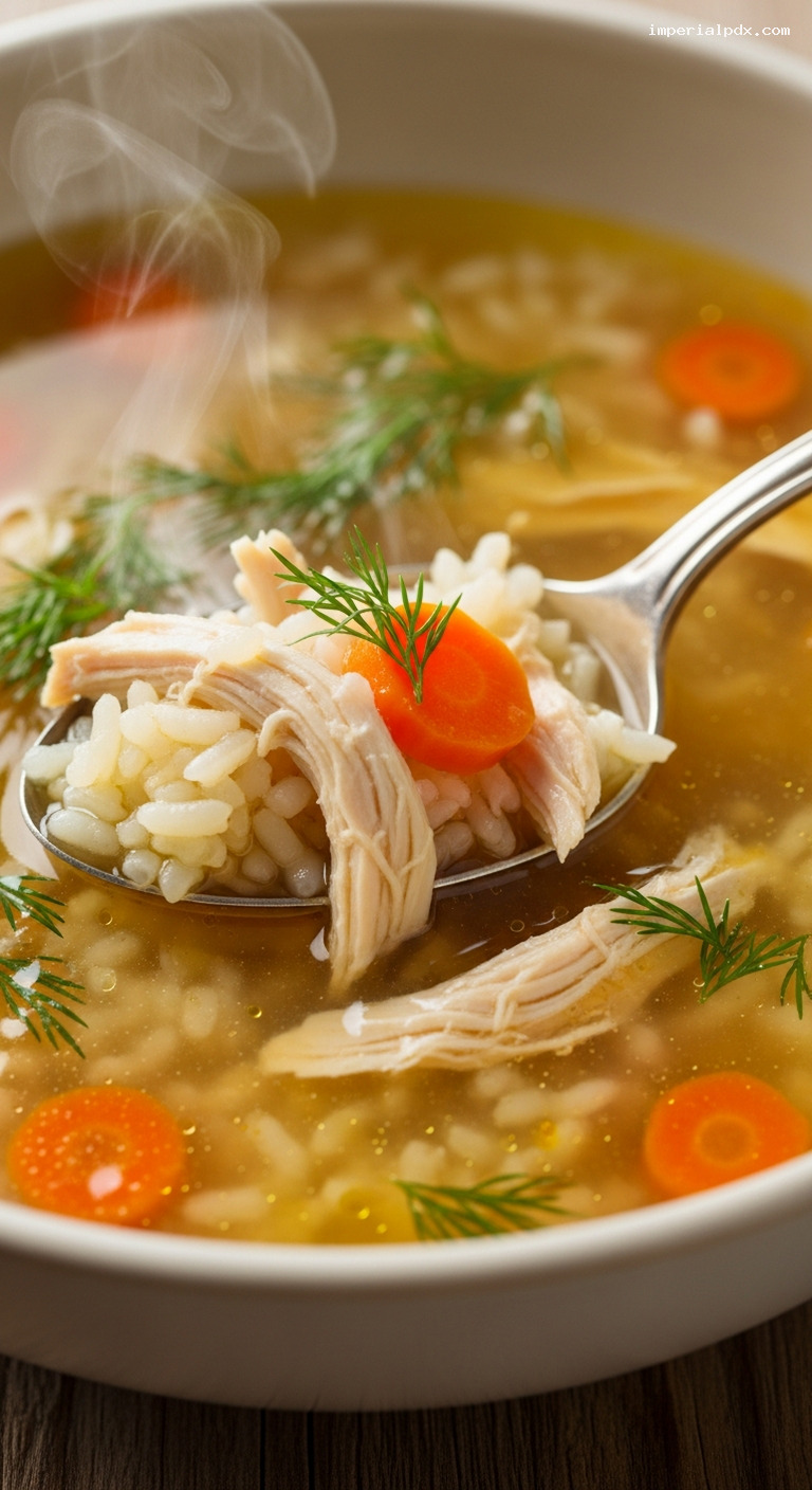 Rustic Chicken and Rice Soup with Dill – Closeup