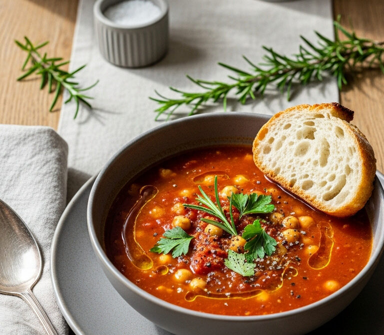 Rustic Chickpea and Tomato Soup with Rosemary and Red Wine