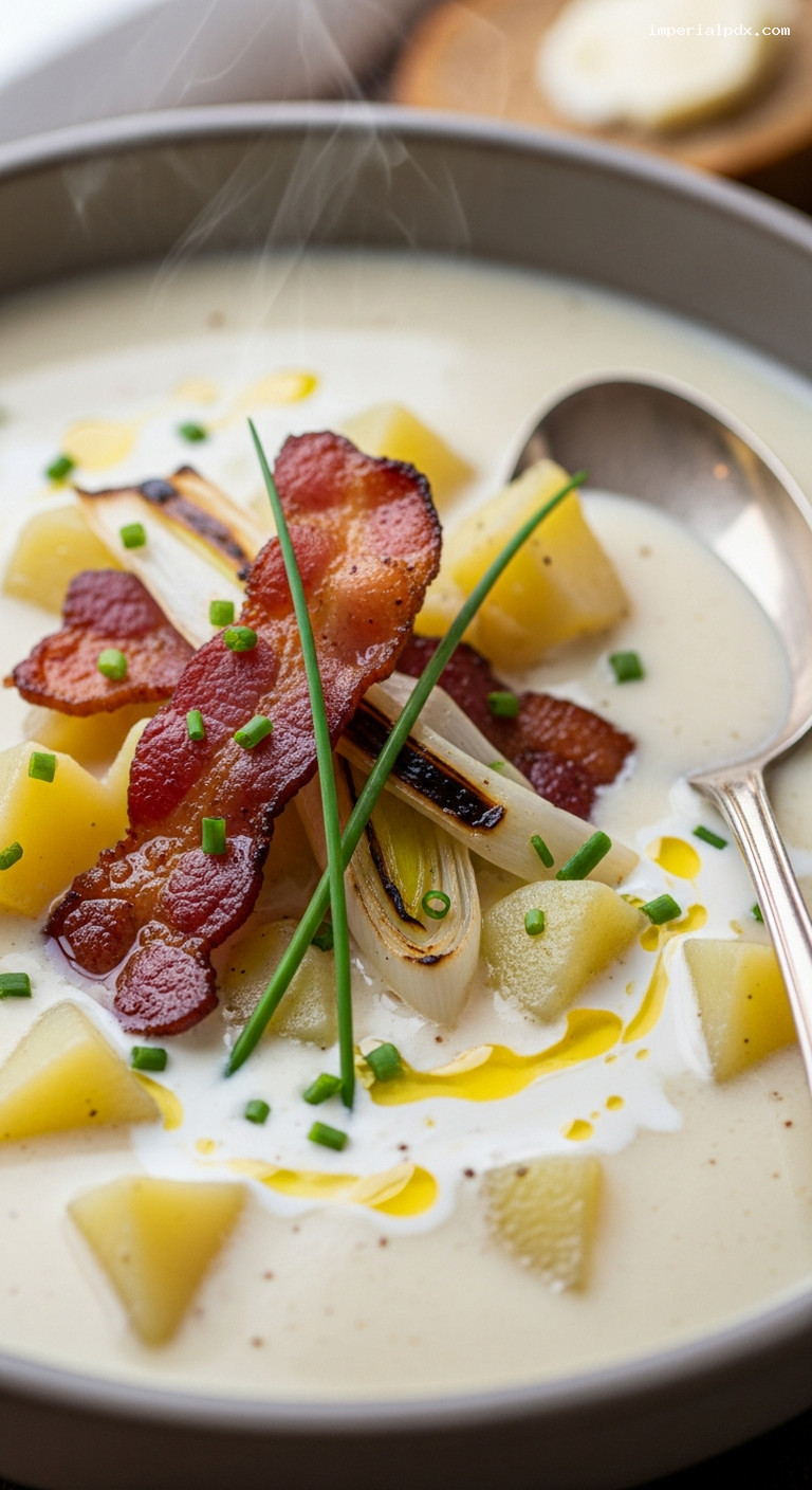 Rustic Irish Potato and Bacon Soup – Closeup