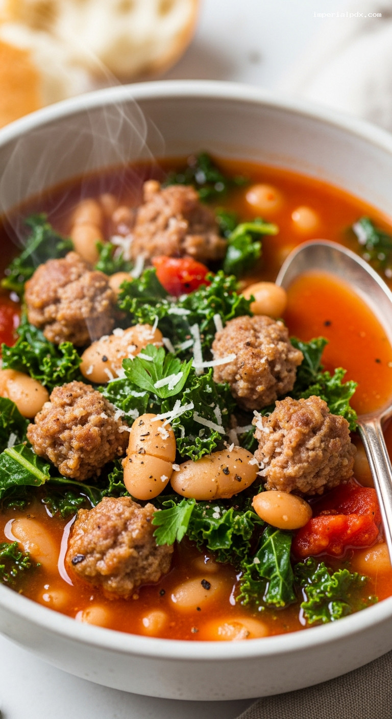 Rustic Italian Sausage and White Bean Tomato Soup – Closeup
