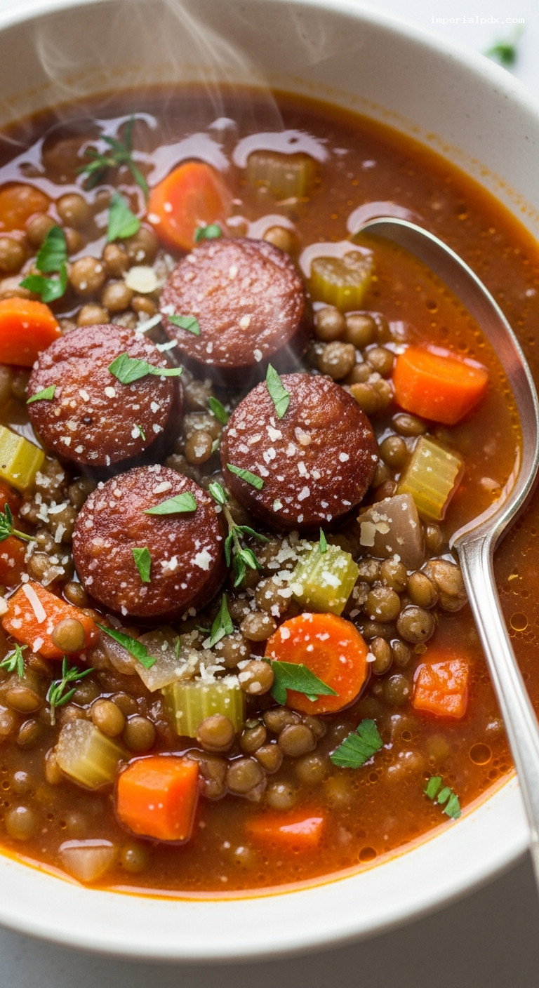 Rustic Lentil and Sausage Soup with Thyme – Closeup