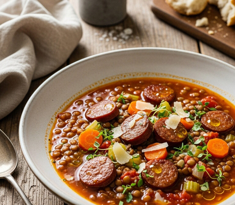Rustic Lentil and Sausage Soup with Thyme