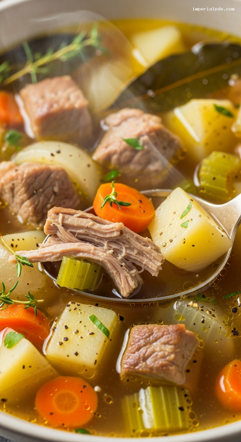 Rustic Pork and Potato Soup with Thyme – Closeup