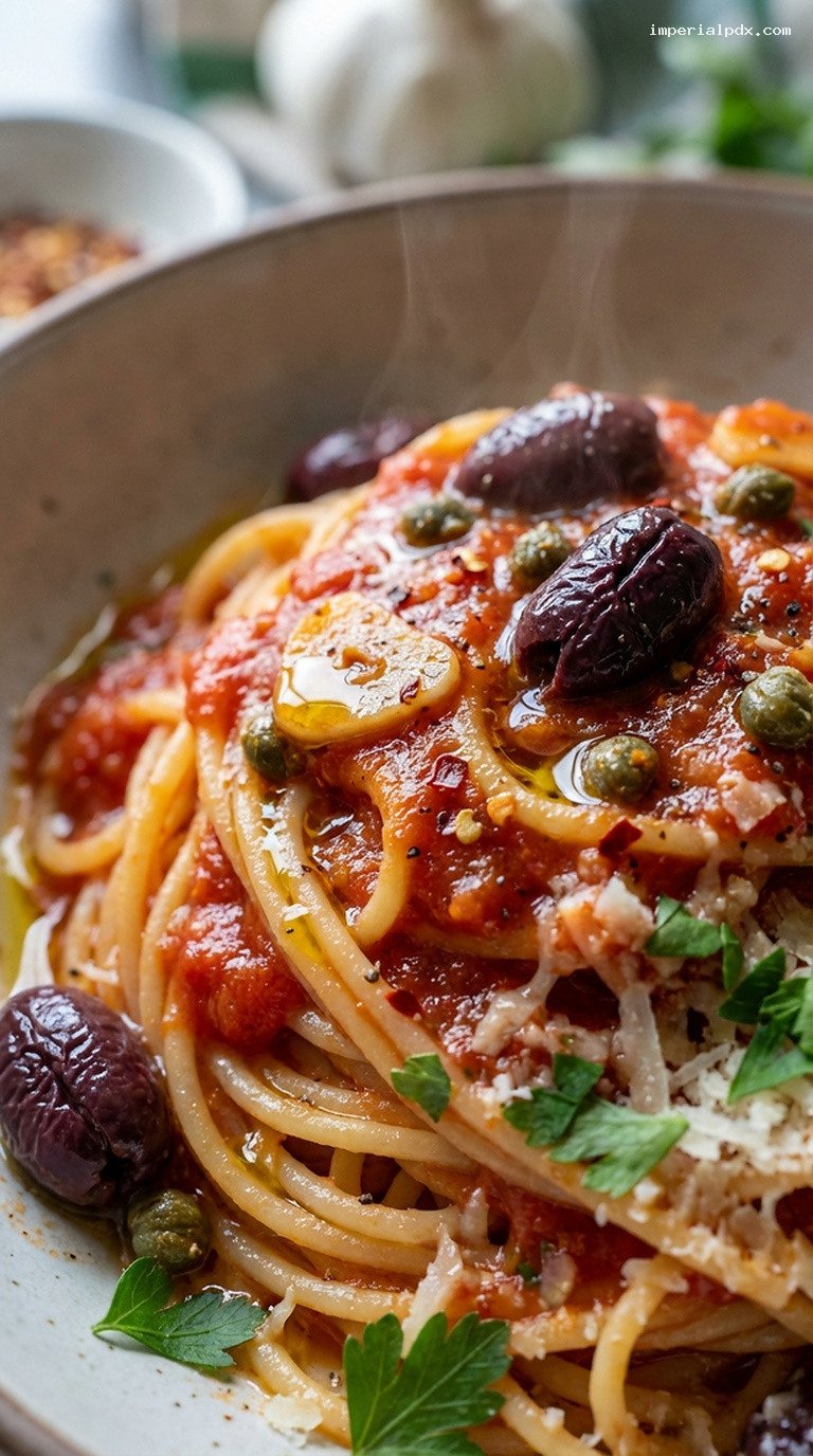 Rustic Puttanesca with Spaghetti or Sautéed Shrimp – Closeup