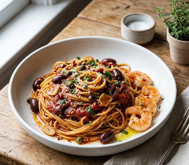 Rustic Puttanesca with Spaghetti or Sautéed Shrimp