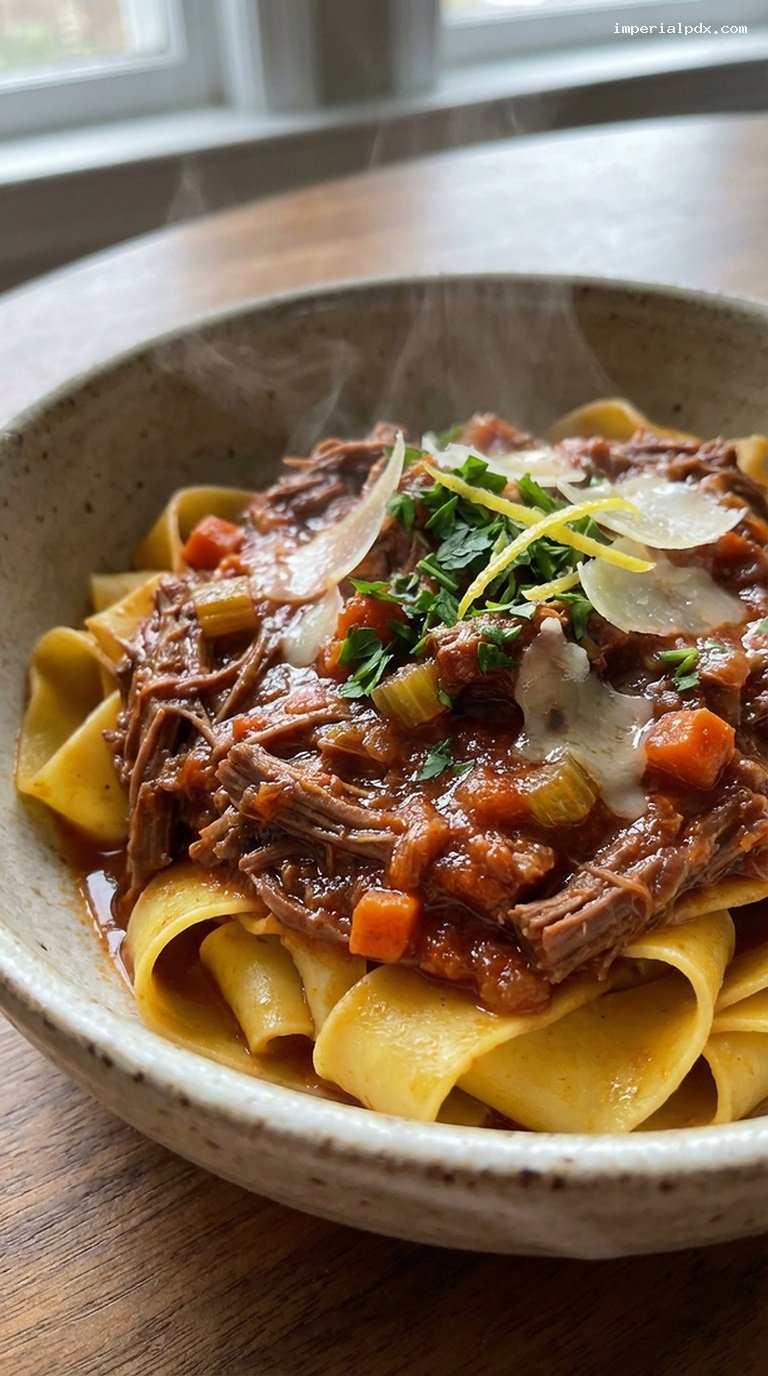 Rustic Red Wine Beef Ragu with Gremolata Pappardelle – Closeup
