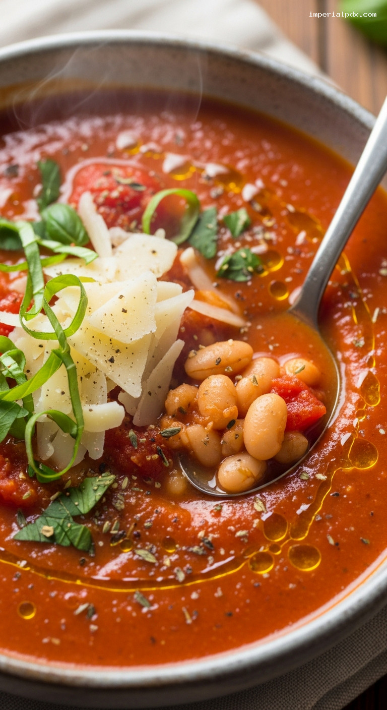 Rustic Roasted Tomato and White Bean Soup with Parmesan – Closeup