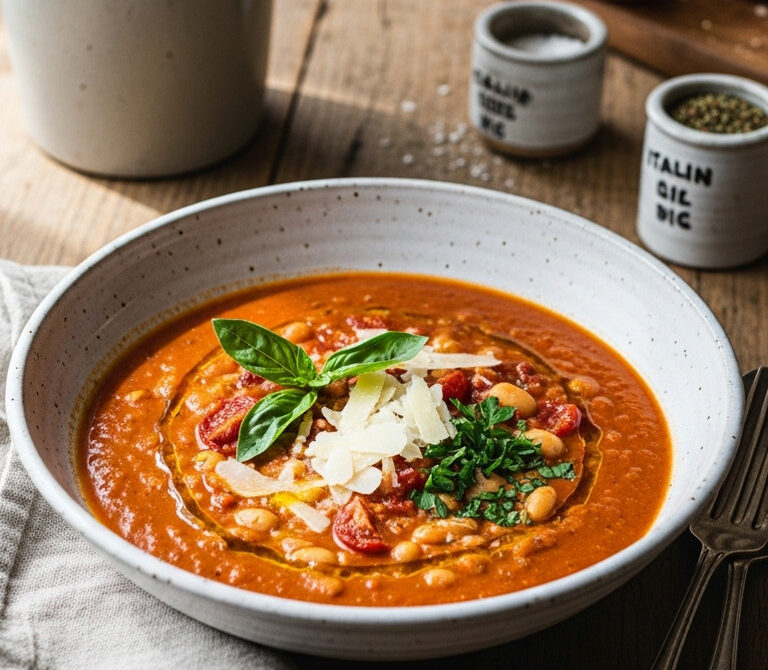 Rustic Roasted Tomato and White Bean Soup with Parmesan