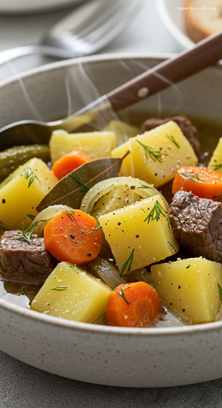 Rustic Zharkoye Beef and Potato Stew – Closeup