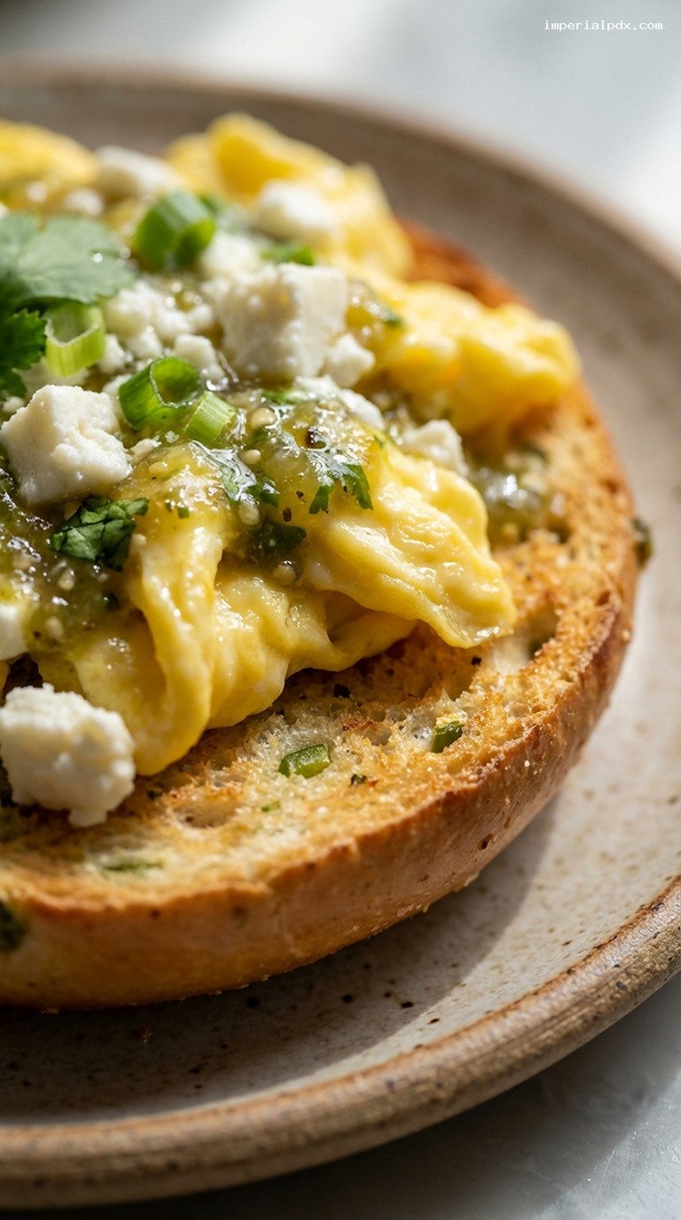 Salsa Verde Egg and Queso Breakfast Bagel – Closeup