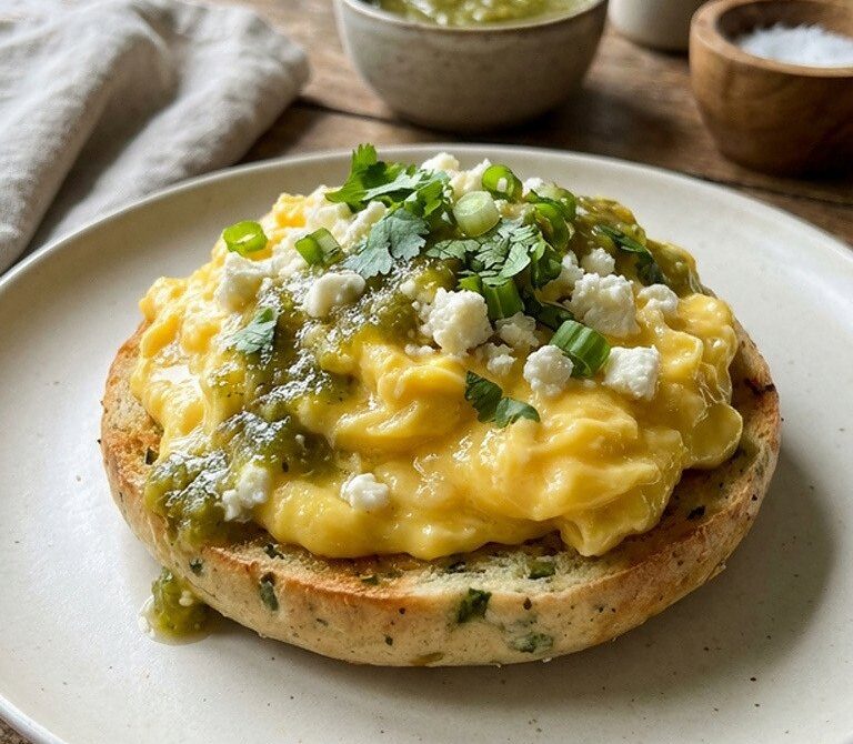 Salsa Verde Egg and Queso Breakfast Bagel