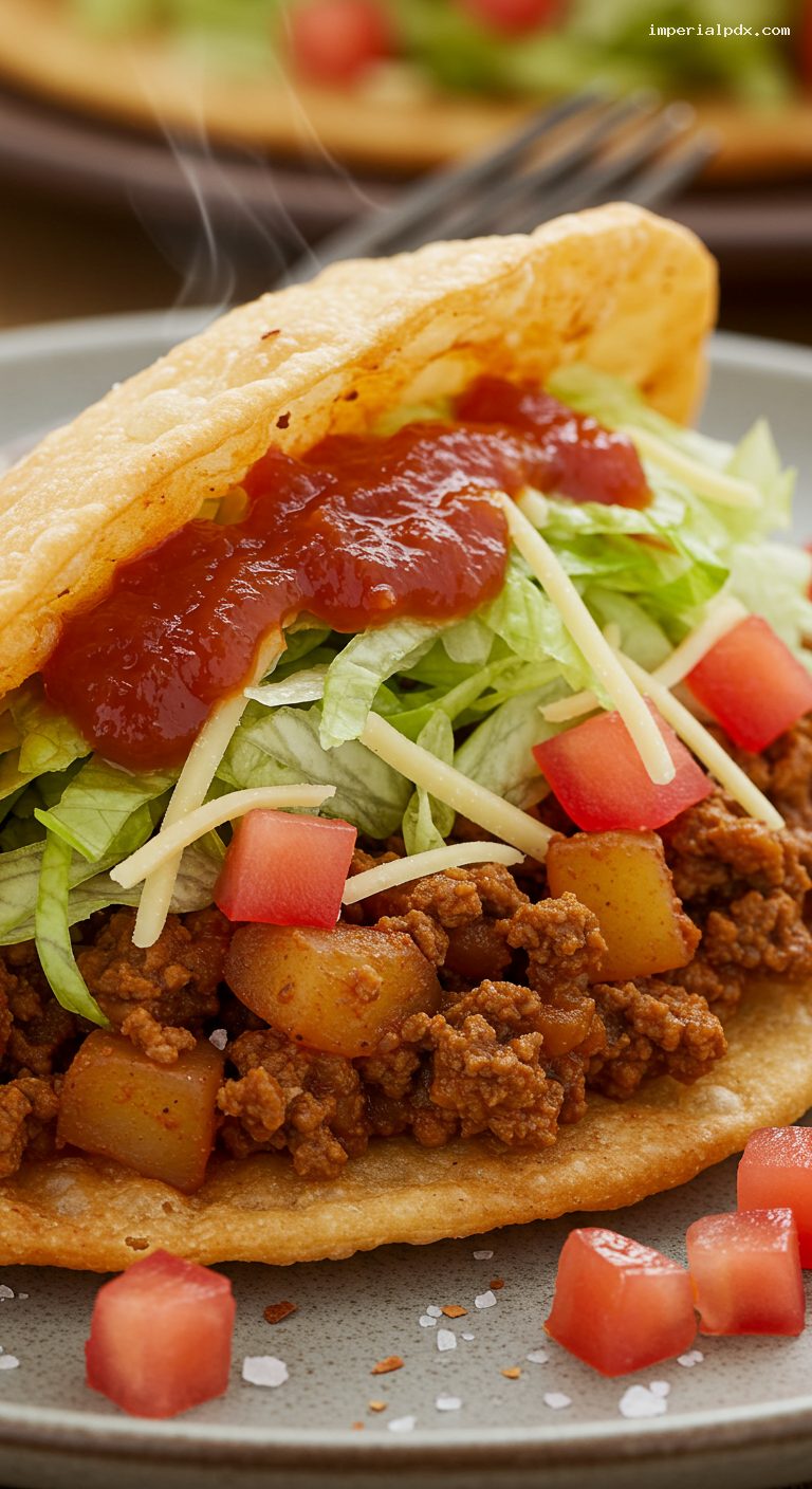 San Antonio Puffy Tacos with Picadillo and Salsa Roja – Closeup