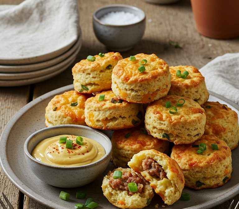 Sausage Cheddar Biscuit Bites with Honey Mustard