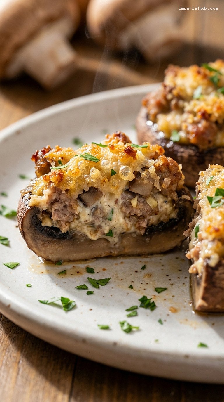 Sausage Stuffed Mushrooms with Herbed Cream Cheese – Closeup