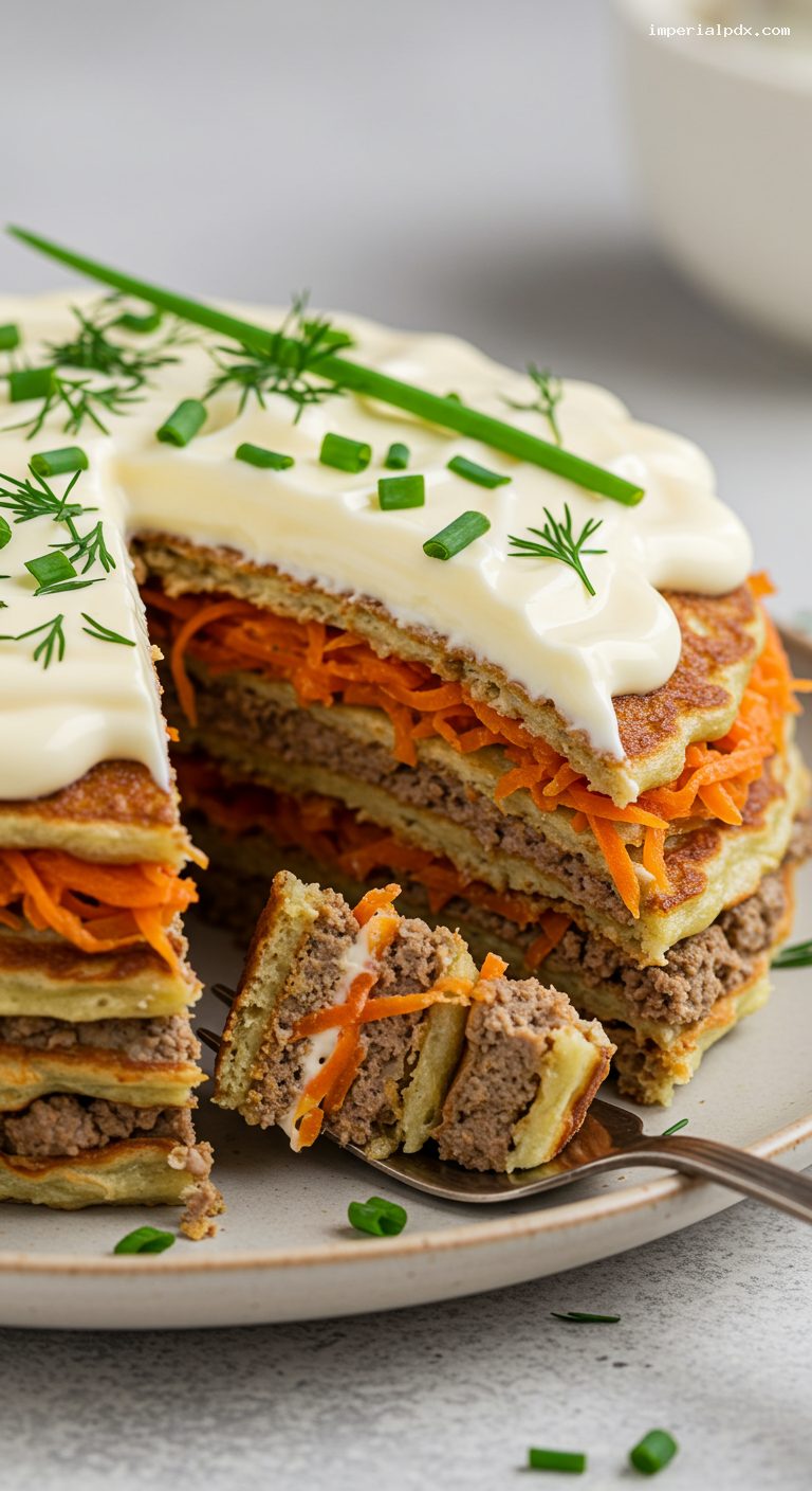 Savory Liver Cake with Garlicky Mayo and Carrots – Closeup