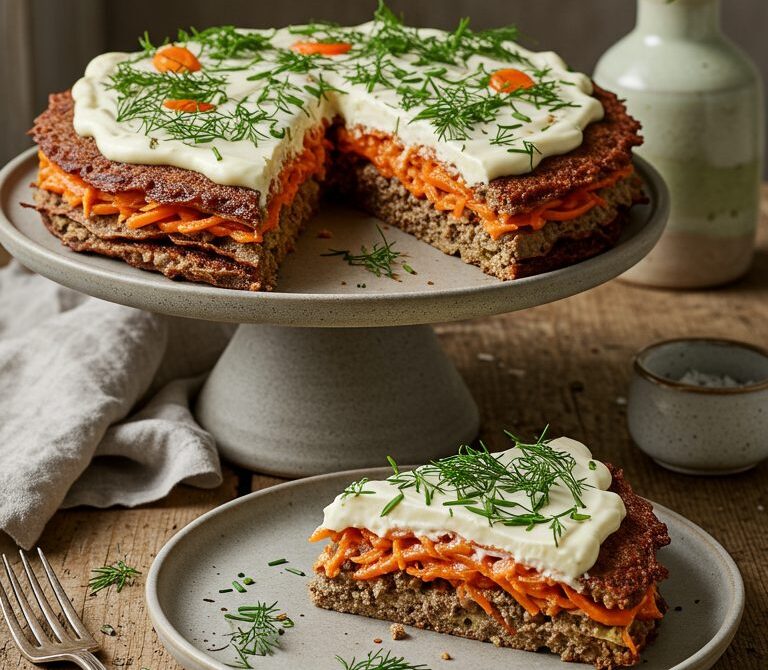 Savory Liver Cake with Garlicky Mayo and Carrots