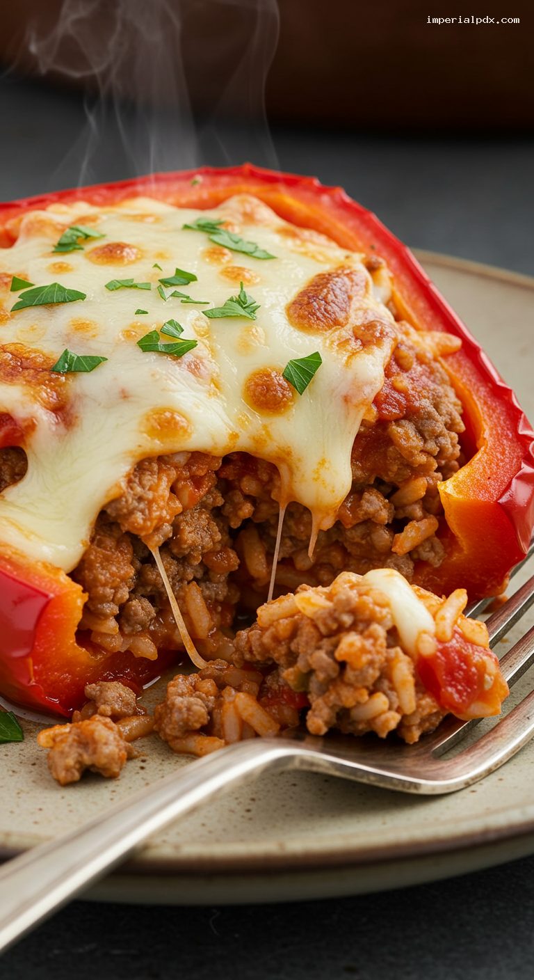 Savory Stuffed Bell Peppers with Rice and Cheese – Closeup