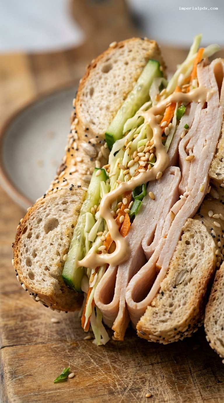 Sesame Ginger Turkey Crunch Bagel with Soy Mayo – Closeup