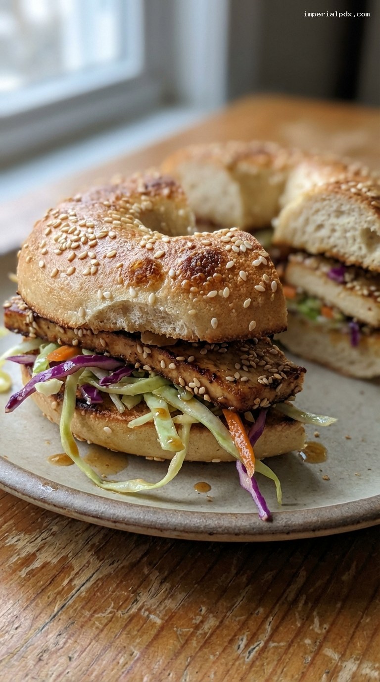 Sesame Tofu and Crunchy Slaw Bagel Sandwich – Closeup