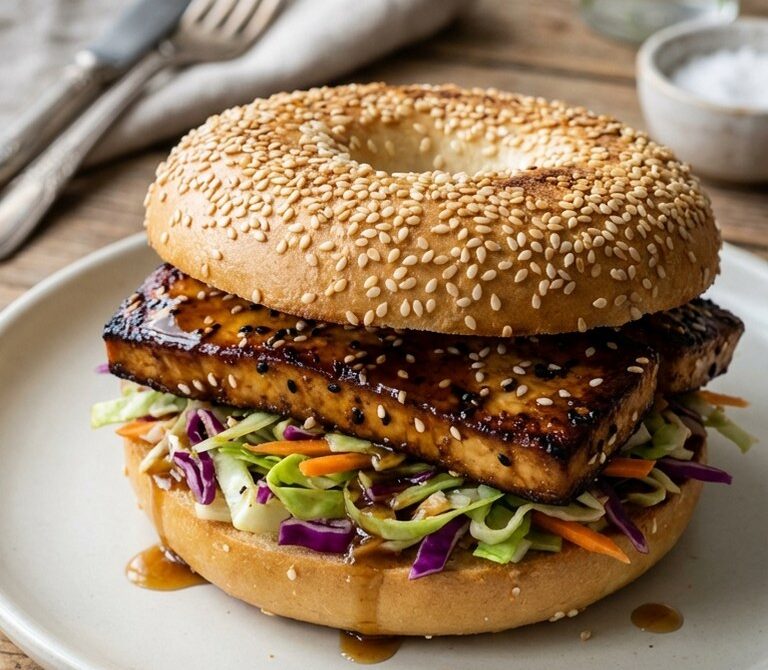 Sesame Tofu and Crunchy Slaw Bagel Sandwich