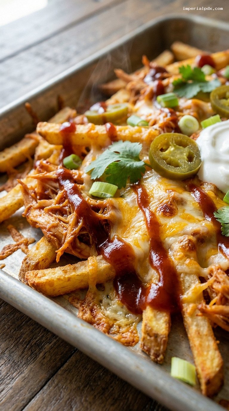 Sheet Pan BBQ Chicken Nacho Fries With Pickled Jalapeños – Closeup