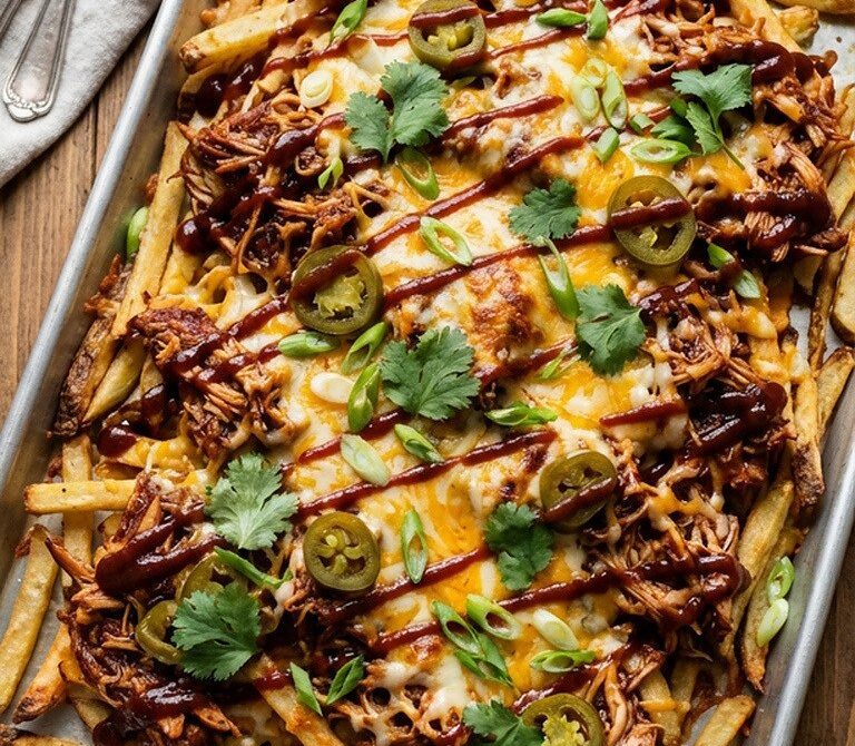 Sheet Pan BBQ Chicken Nacho Fries With Pickled Jalapeños