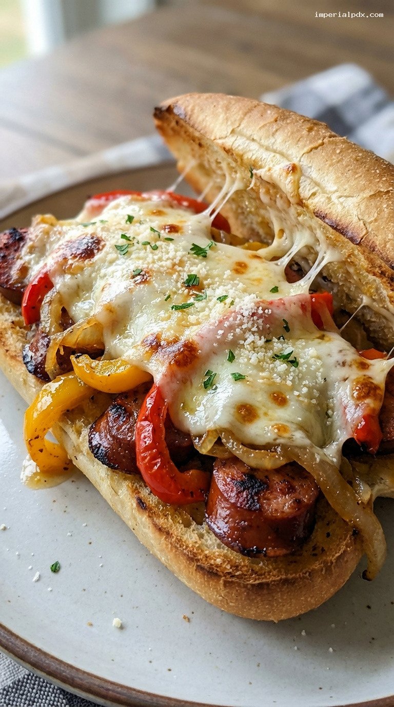 Sheet Pan Smoked Sausage and Pepper Melts – Closeup