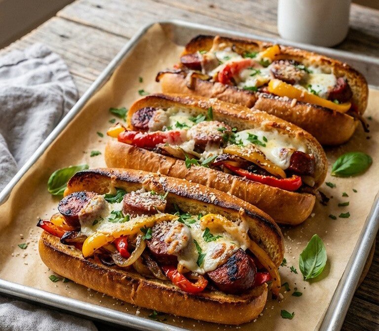 Sheet Pan Smoked Sausage and Pepper Melts
