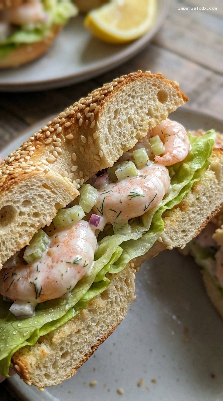Shrimp Salad Sesame Bagel with Dill and Lemon – Closeup