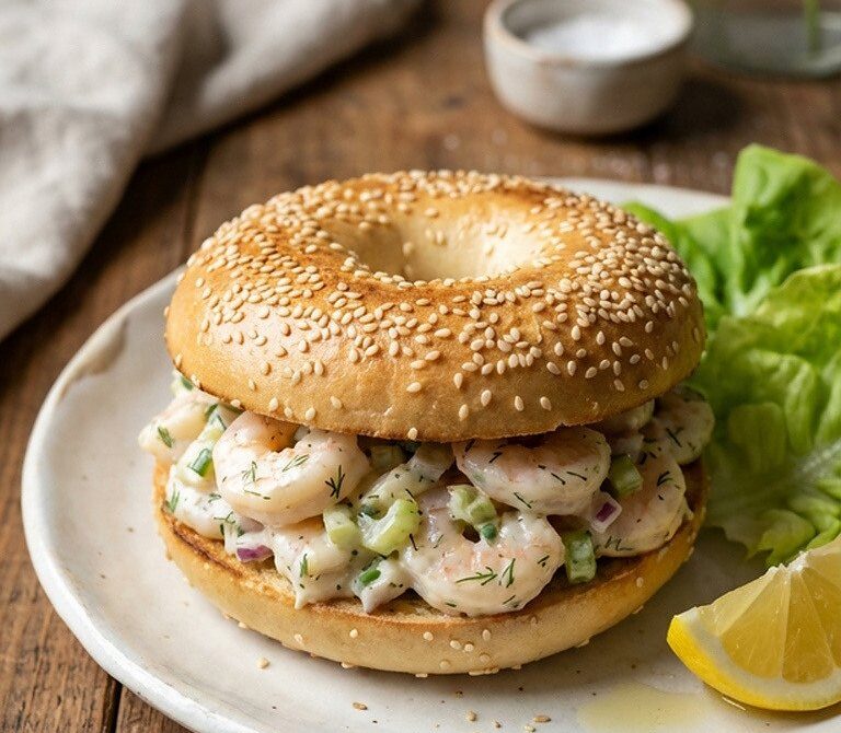 Shrimp Salad Sesame Bagel with Dill and Lemon