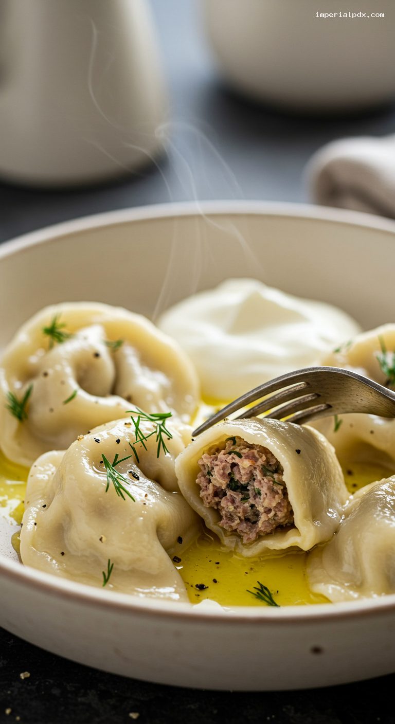 Siberian Pelmeni with Butter, Pepper, and Sour Cream – Closeup