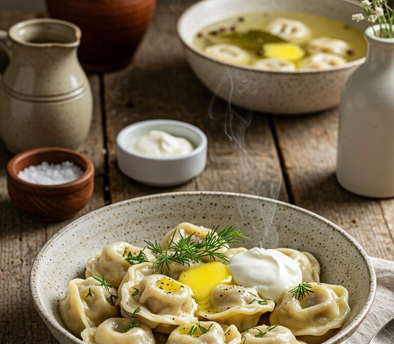 Siberian Pelmeni with Butter, Pepper, and Sour Cream