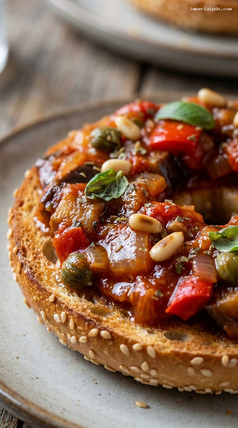 Sicilian Caponata Bagel with Fresh Basil – Closeup