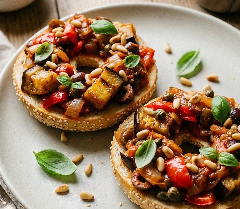 Sicilian Caponata Bagel with Fresh Basil