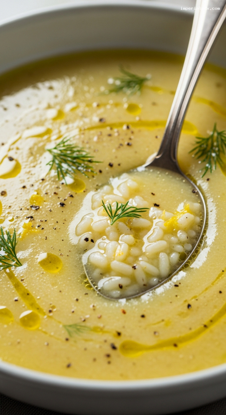 Silky Greek Avgolemono Soup with Lemon and Dill – Closeup