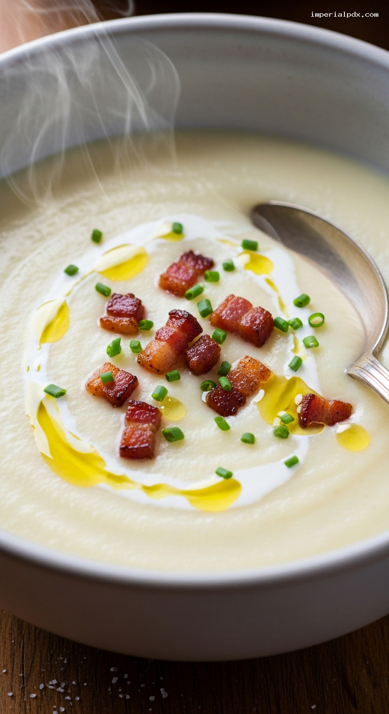 Silky Potato Leek Soup with Chives and Cream – Closeup