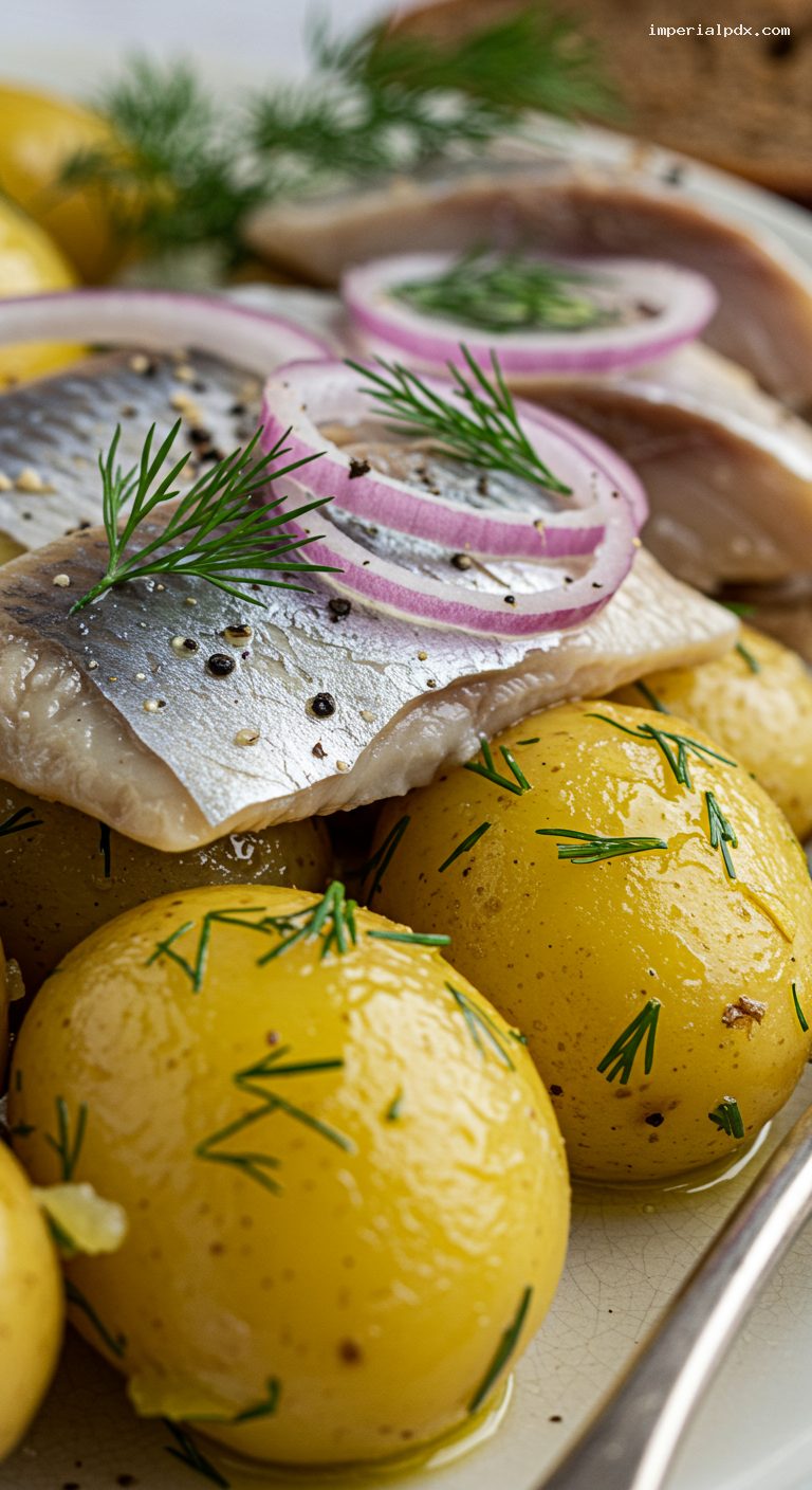 Silky Salt-Cured Herring with Warm Potatoes and Dill – Closeup