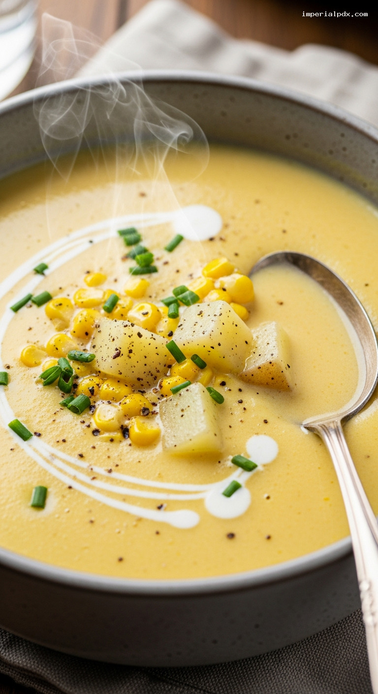 Silky Sweet Corn and Potato Bisque with Chives – Closeup