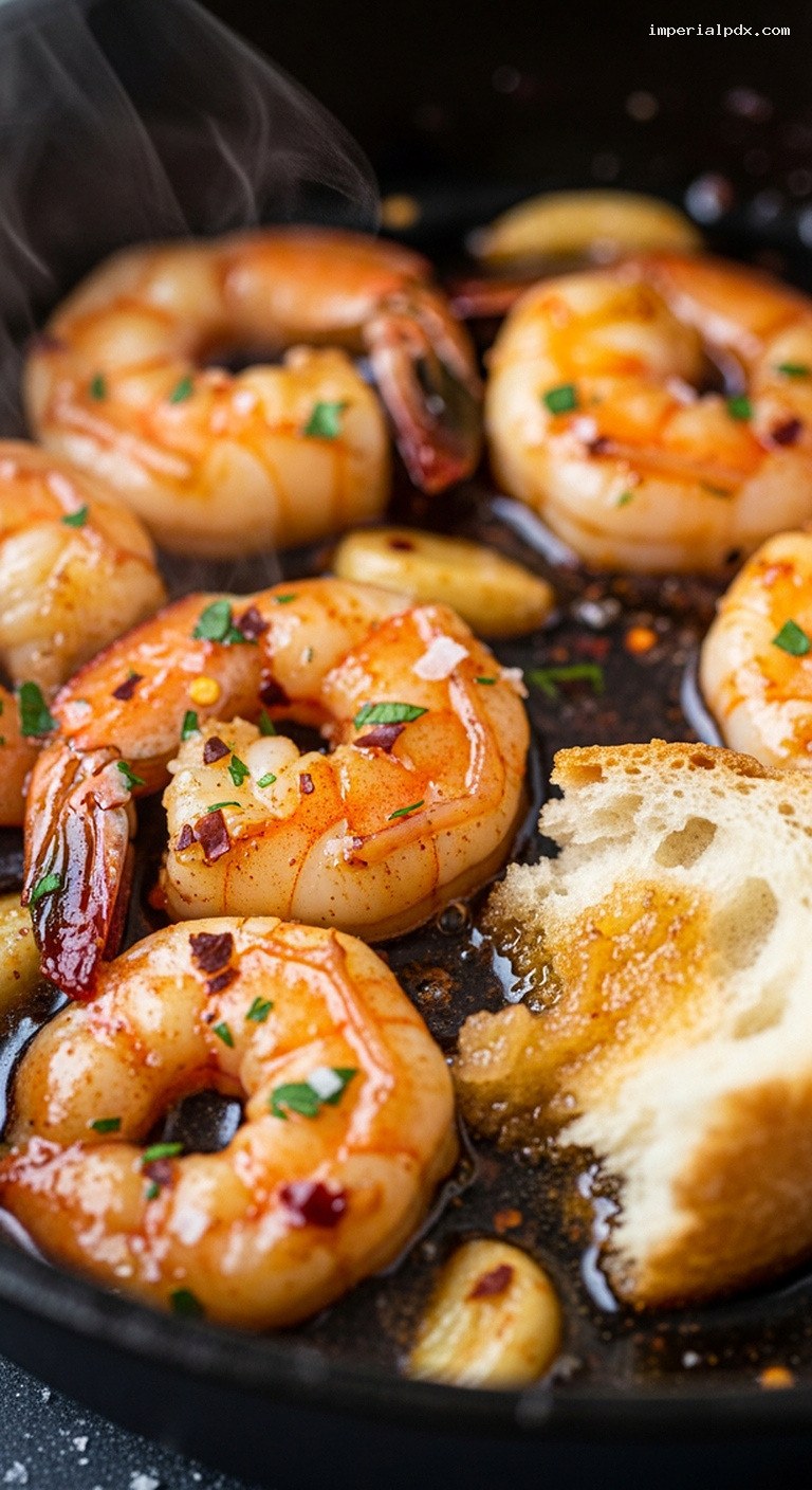 Sizzling Spicy Garlic Butter Shrimp With Crusty Bread – Closeup